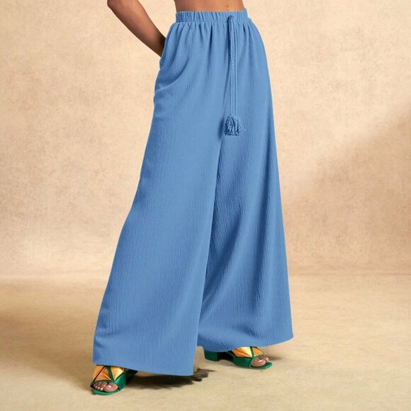 Pants - Blue Casual Women's Full Length wide legging flowy Pants
